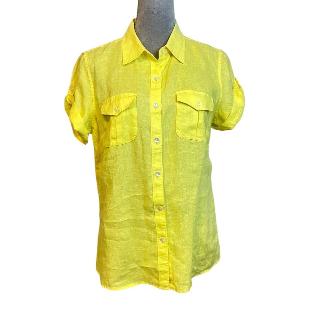 100% Linen Yellow Top Blouse M Summer Minimalist Vacation Beach Spring